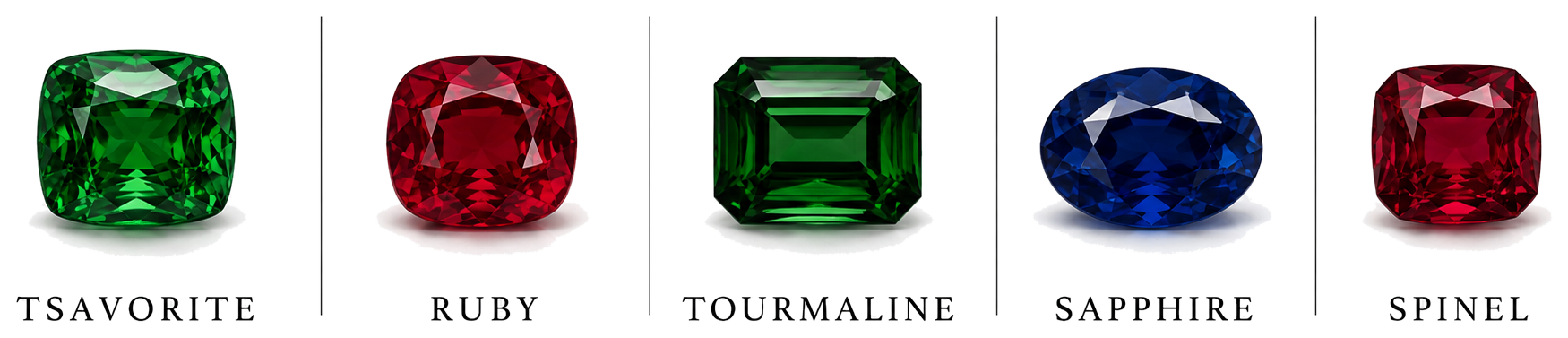 Gemstone varieties: Tsavorite, Ruby, Tourmaline, Sapphire, Spinel