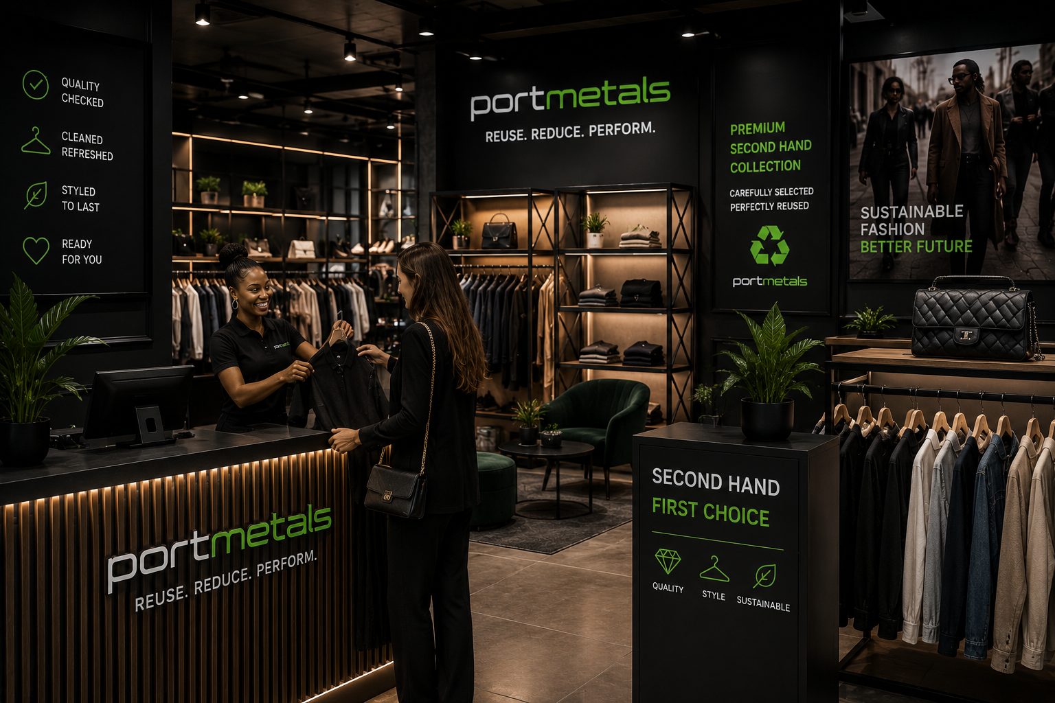 Portmetals second-hand boutique – sales assistant advising a customer